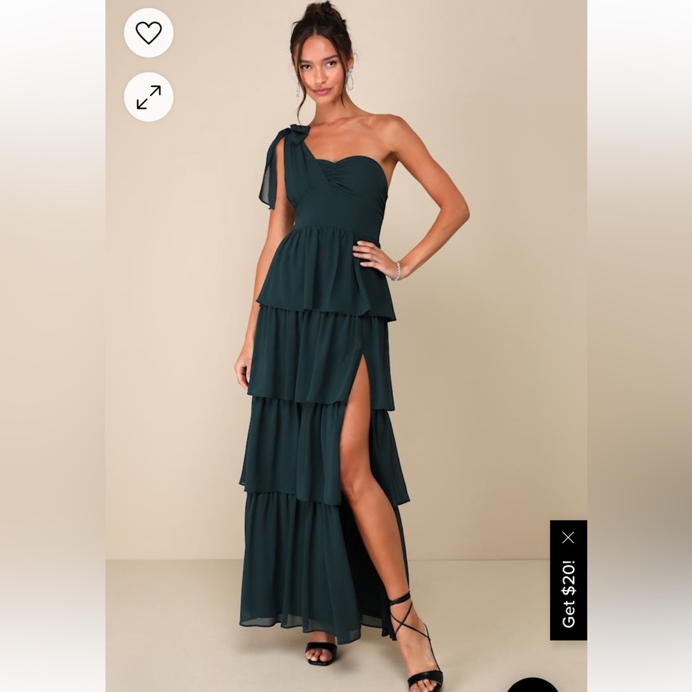 Lulu’s Elevated Vision Emerald Green One-Shoulder Tiered Maxi Dress